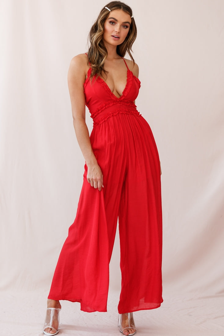 Laney Wide Leg Ruffle Detail Jumpsuit Red-Maymioy