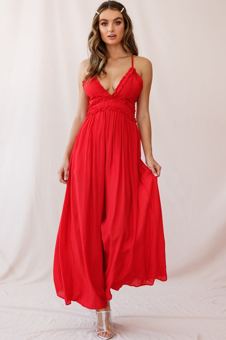 Laney Wide Leg Ruffle Detail Jumpsuit Red-Maymioy