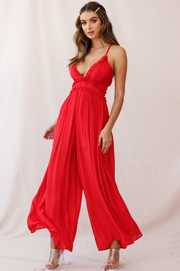 Laney Wide Leg Ruffle Detail Jumpsuit Red-Maymioy