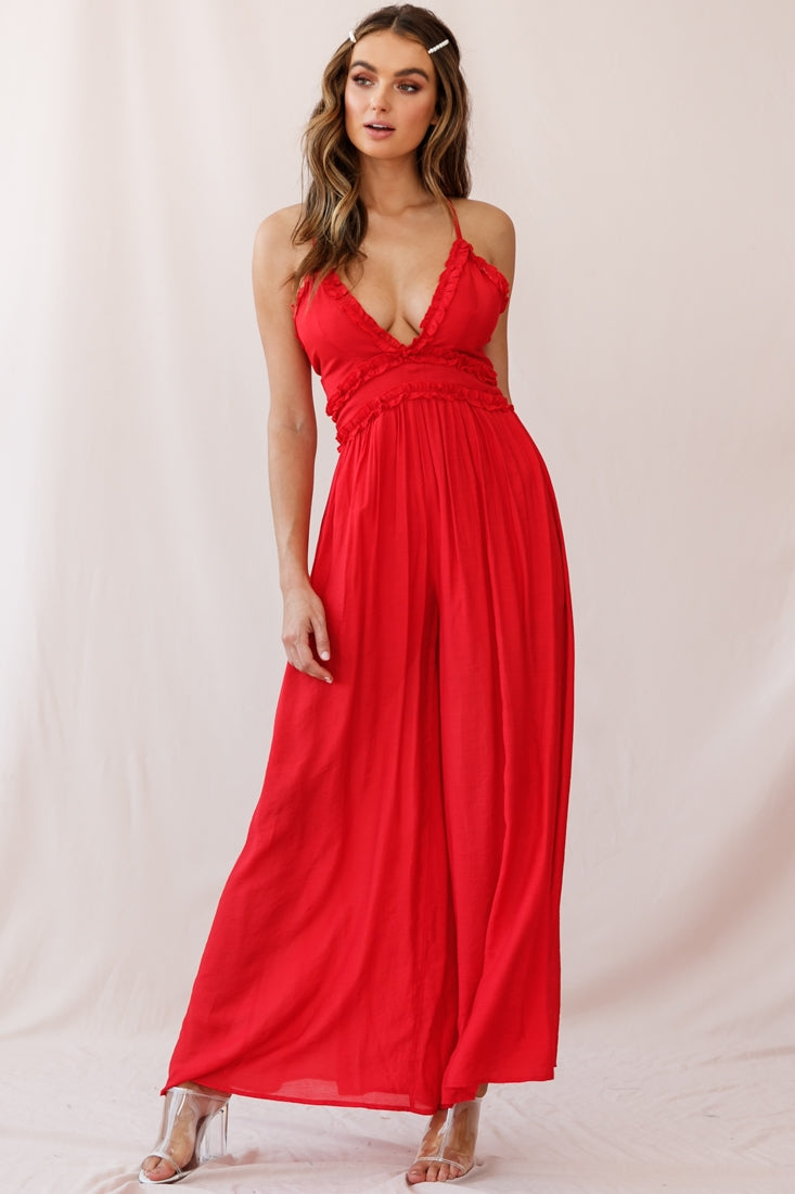 Laney Wide Leg Ruffle Detail Jumpsuit Red-Maymioy