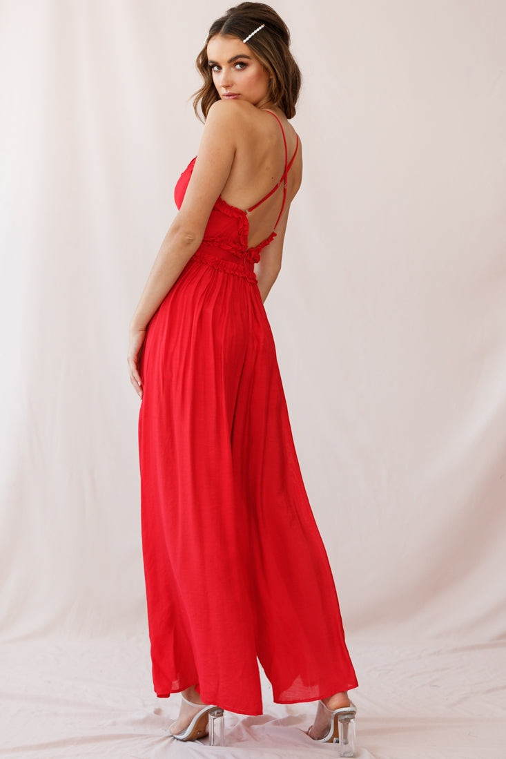 Laney Wide Leg Ruffle Detail Jumpsuit Red-Maymioy