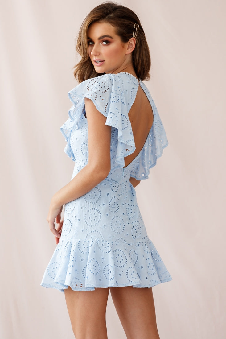 Monica Broderie Anglaise Ruffle Dress Steel Blue-Maymioy