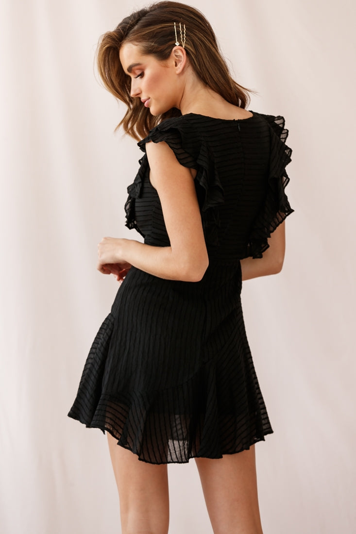 Wilton Ruffle Shoulder A-Line Dress Black-Maymioy