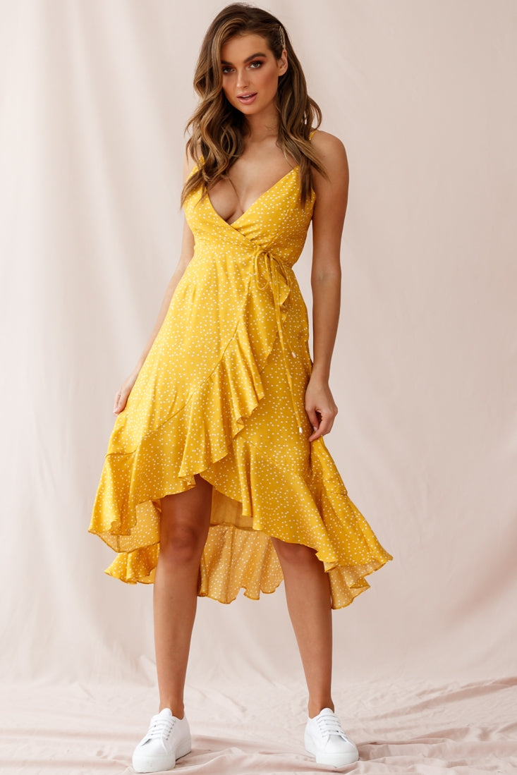 Blessed Wrap Ruffle Hem Midi Dress Dot Print Mustard-Maymioy