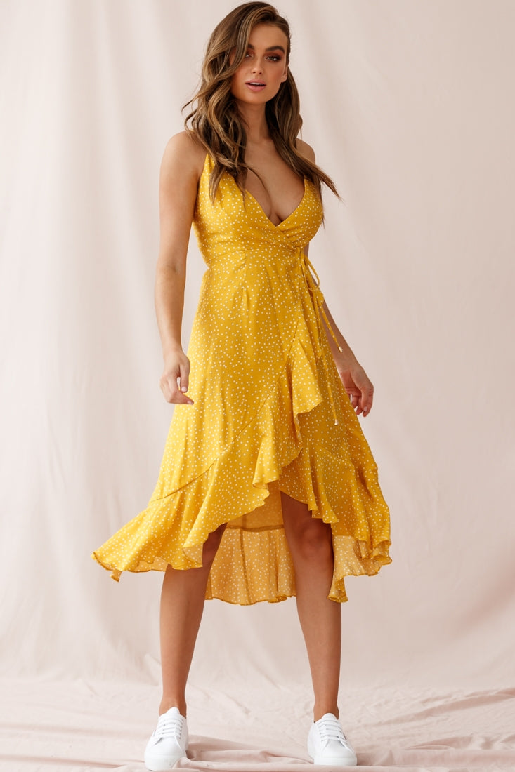 Blessed Wrap Ruffle Hem Midi Dress Dot Print Mustard-Maymioy