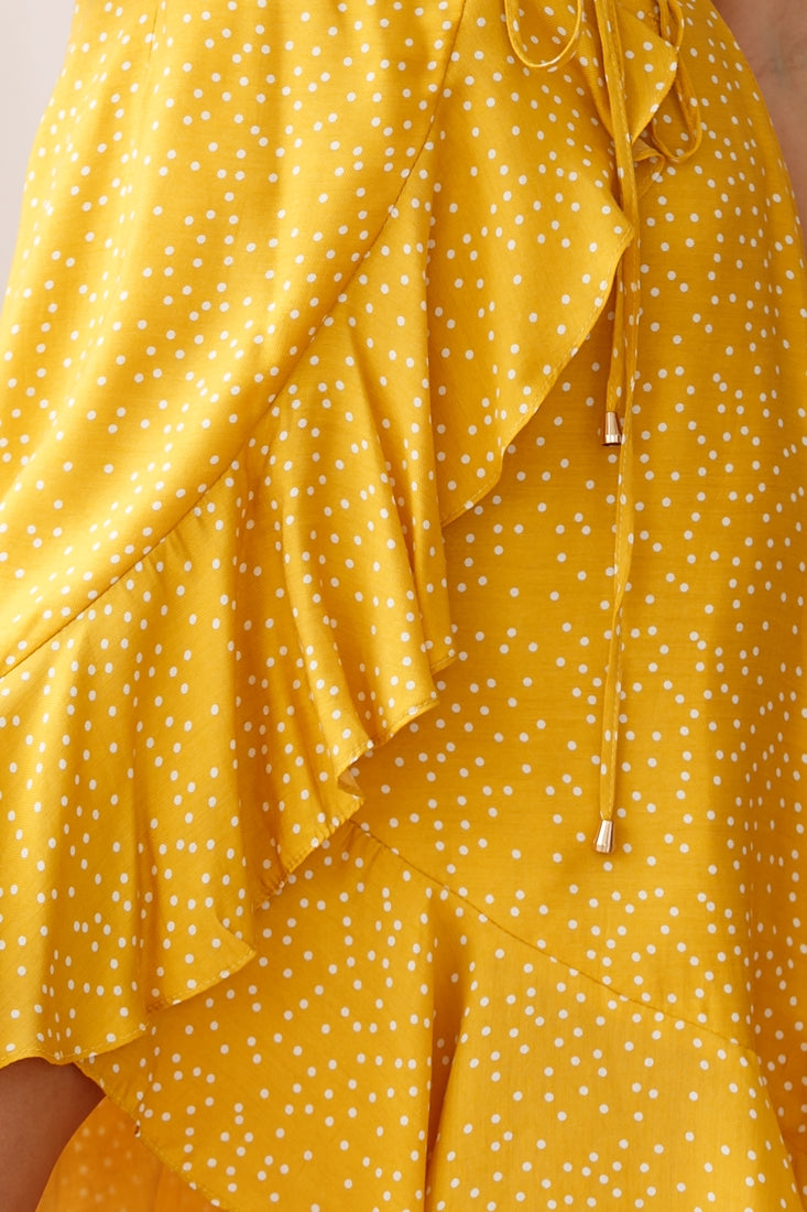 Blessed Wrap Ruffle Hem Midi Dress Dot Print Mustard-Maymioy