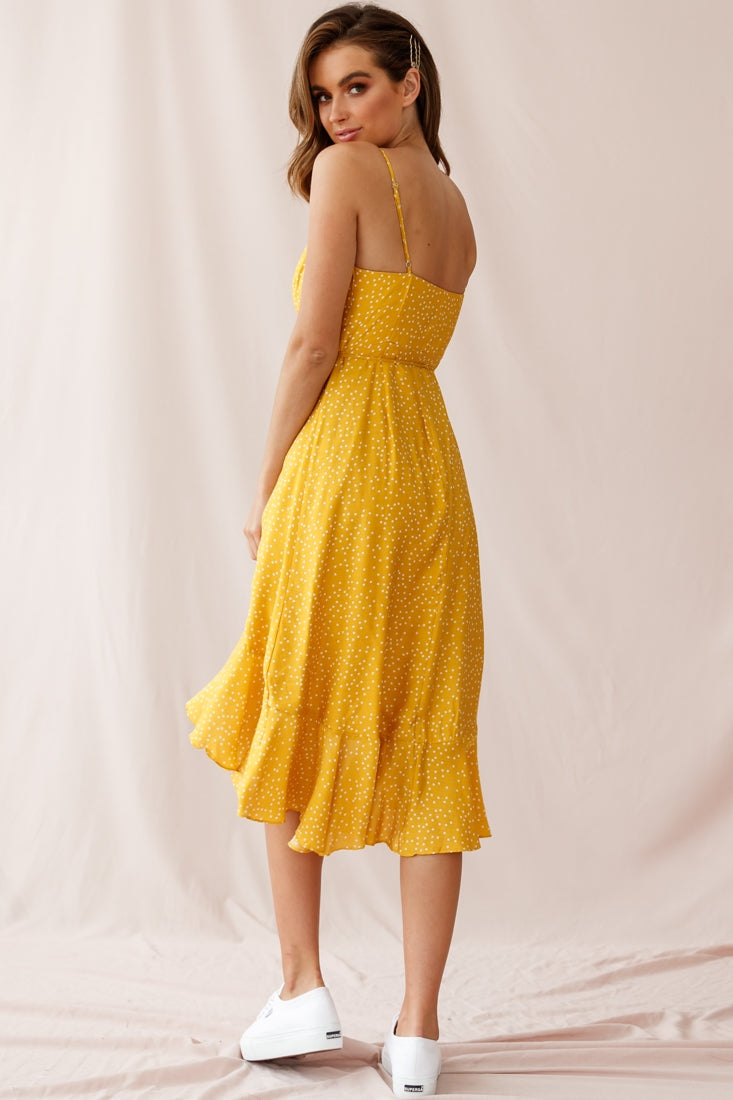 Blessed Wrap Ruffle Hem Midi Dress Dot Print Mustard-Maymioy