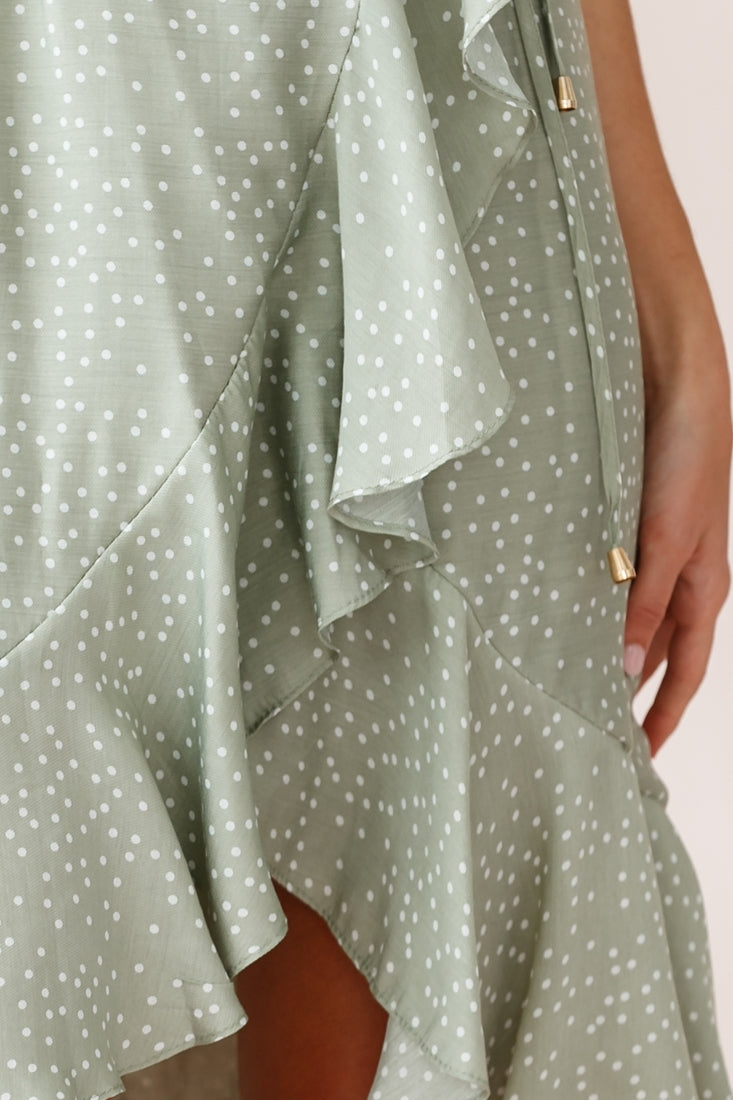 Blessed Wrap Ruffle Hem Midi Dress Dot Print Olive-Maymioy
