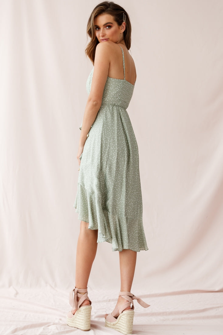 Blessed Wrap Ruffle Hem Midi Dress Dot Print Olive-Maymioy