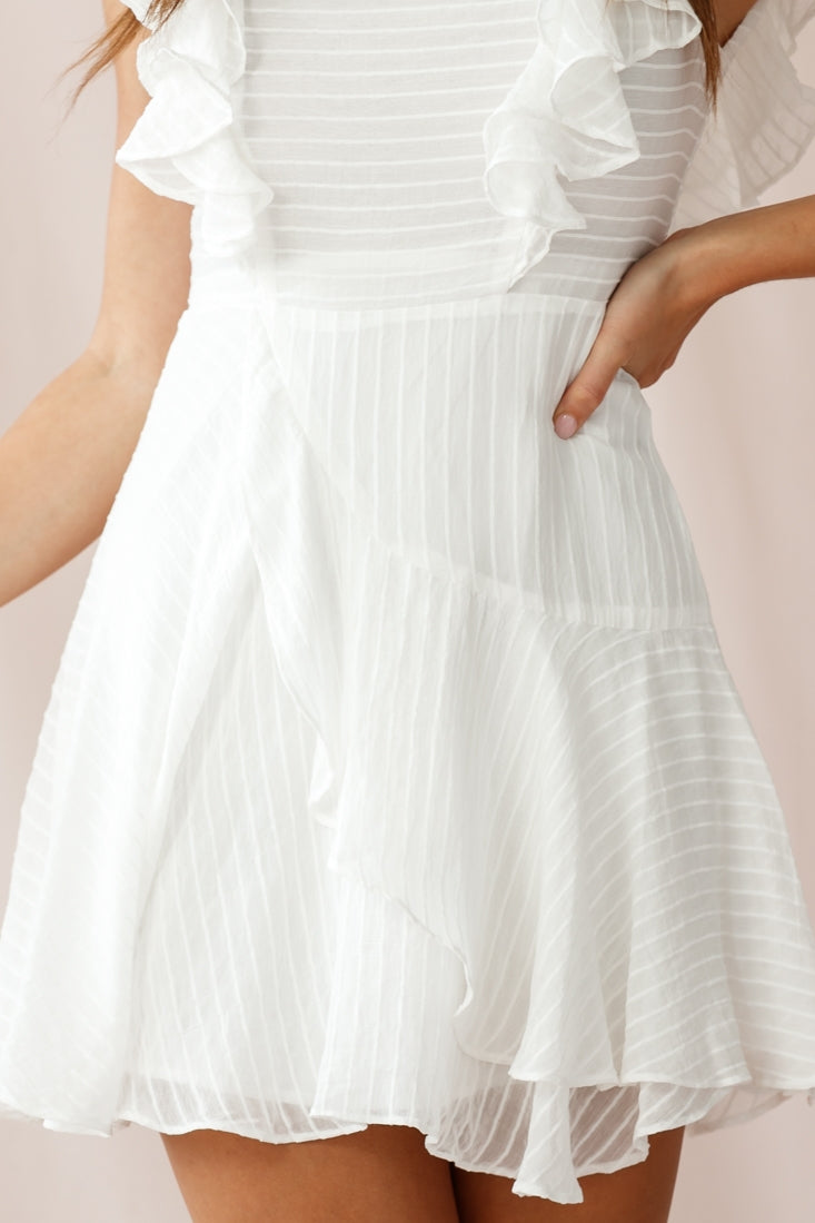Wilton Ruffle Shoulder A-Line Dress White-Maymioy