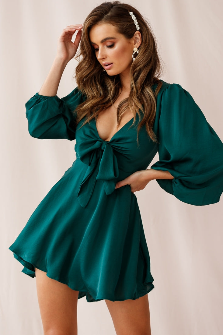 Madison Bow Tie Bust Balloon Sleeve Dress Forest Green-Maymioy