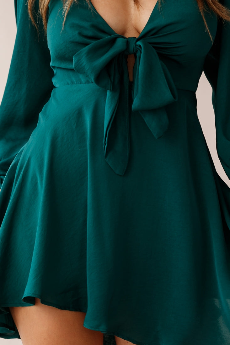 Madison Bow Tie Bust Balloon Sleeve Dress Forest Green-Maymioy