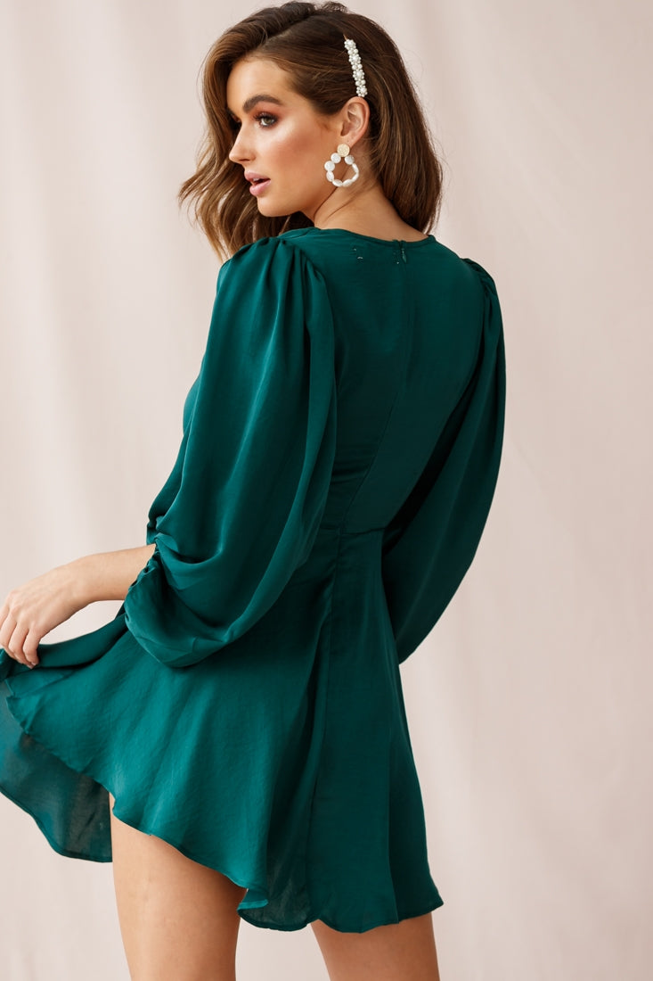 Madison Bow Tie Bust Balloon Sleeve Dress Forest Green-Maymioy