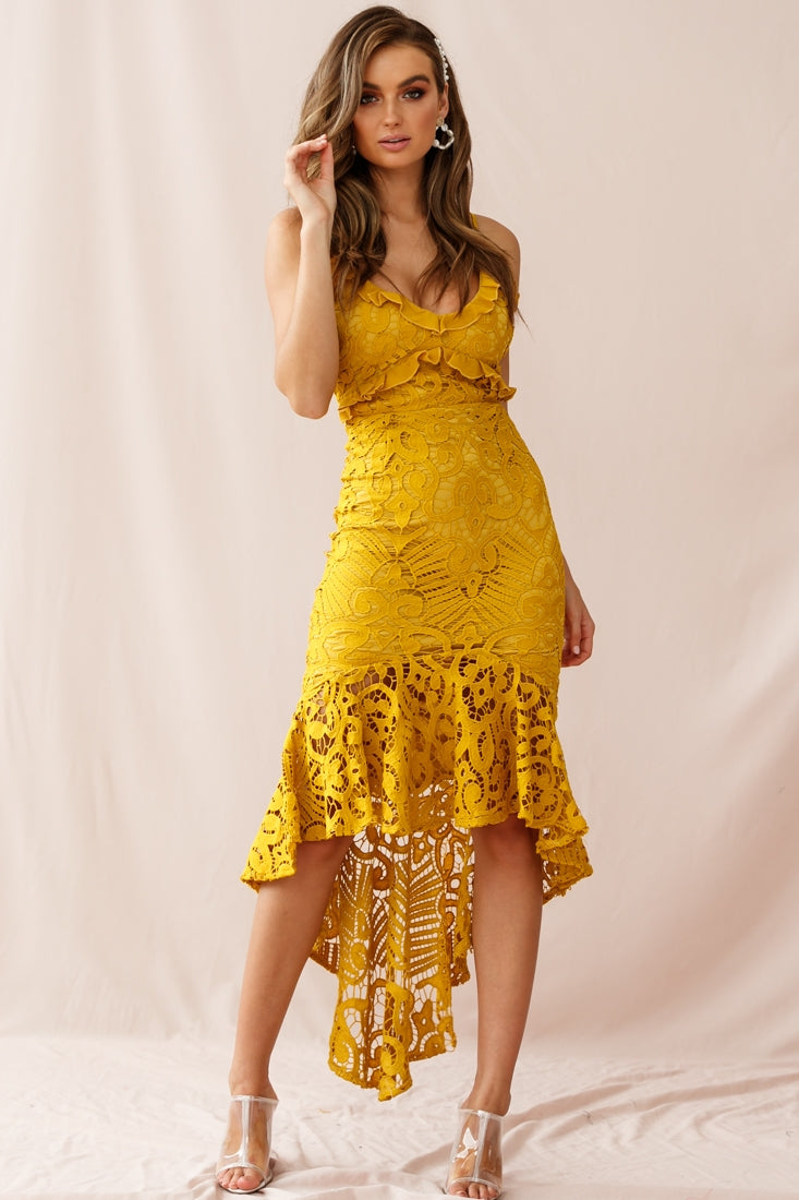 Shakeera High-Low Hem Lace Dress Mustard-Maymioy