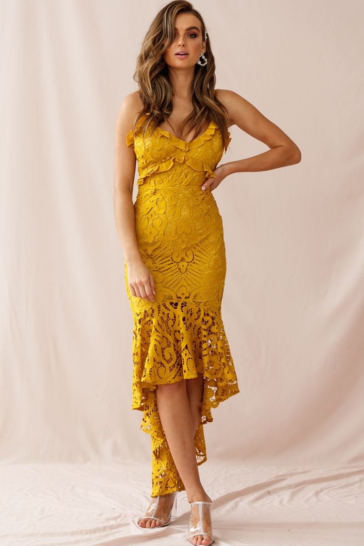 Shakeera High-Low Hem Lace Dress Mustard-Maymioy