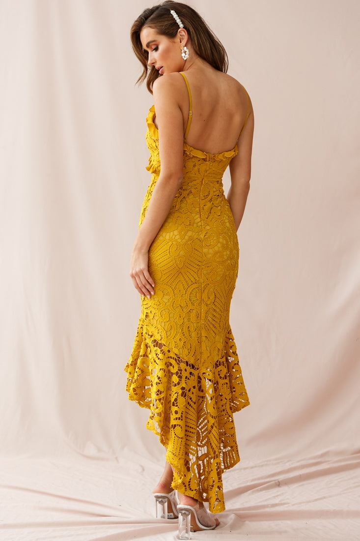 Shakeera High-Low Hem Lace Dress Mustard-Maymioy