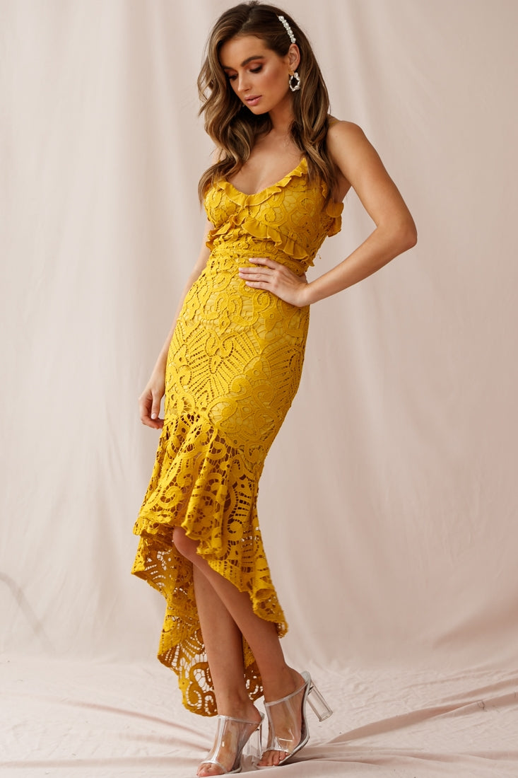 Shakeera High-Low Hem Lace Dress Mustard-Maymioy