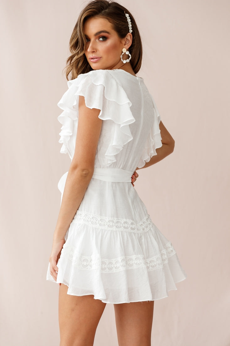 Sheridan Double Frill Sleeve Crochet Detail Dress White-Maymioy