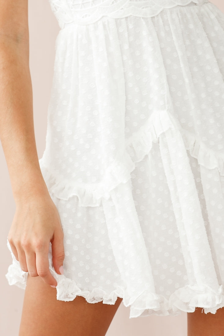 Briella Deep V-Neckline Crochet Detail Bust Dress White-Maymioy