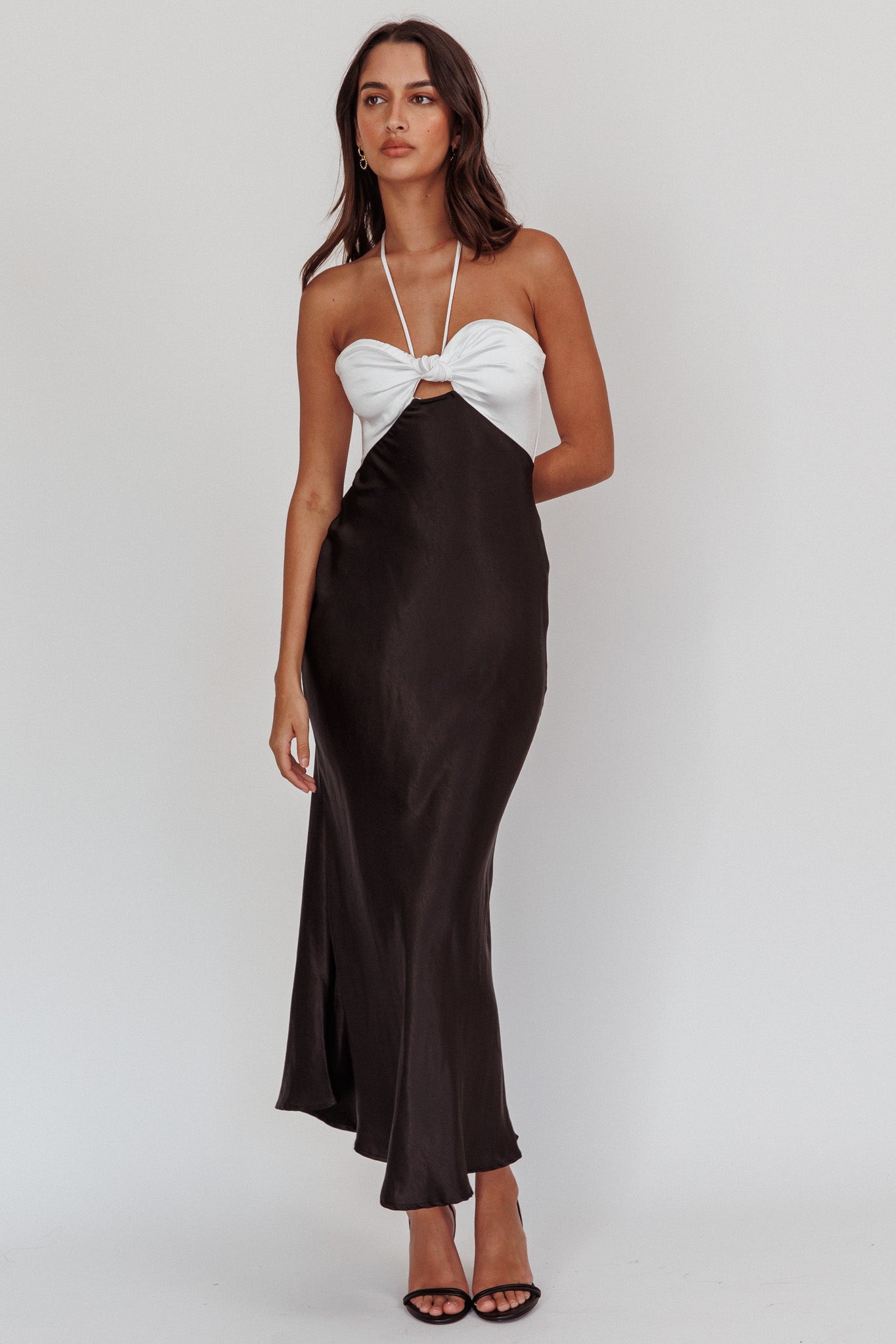 Hassie Knot Bust Halter Midi Dress Black-Maymioy