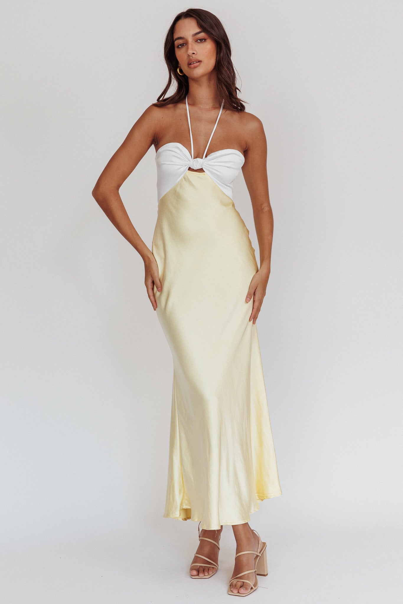Hassie Knot Bust Halter Midi Dress Yellow-Maymioy