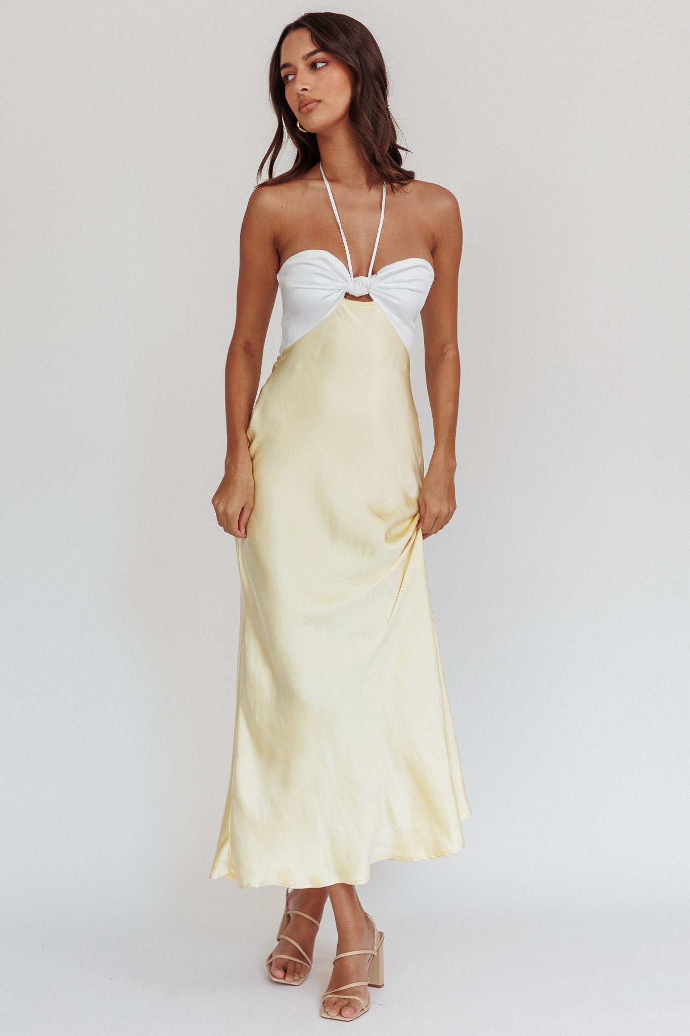 Hassie Knot Bust Halter Midi Dress Yellow-Maymioy
