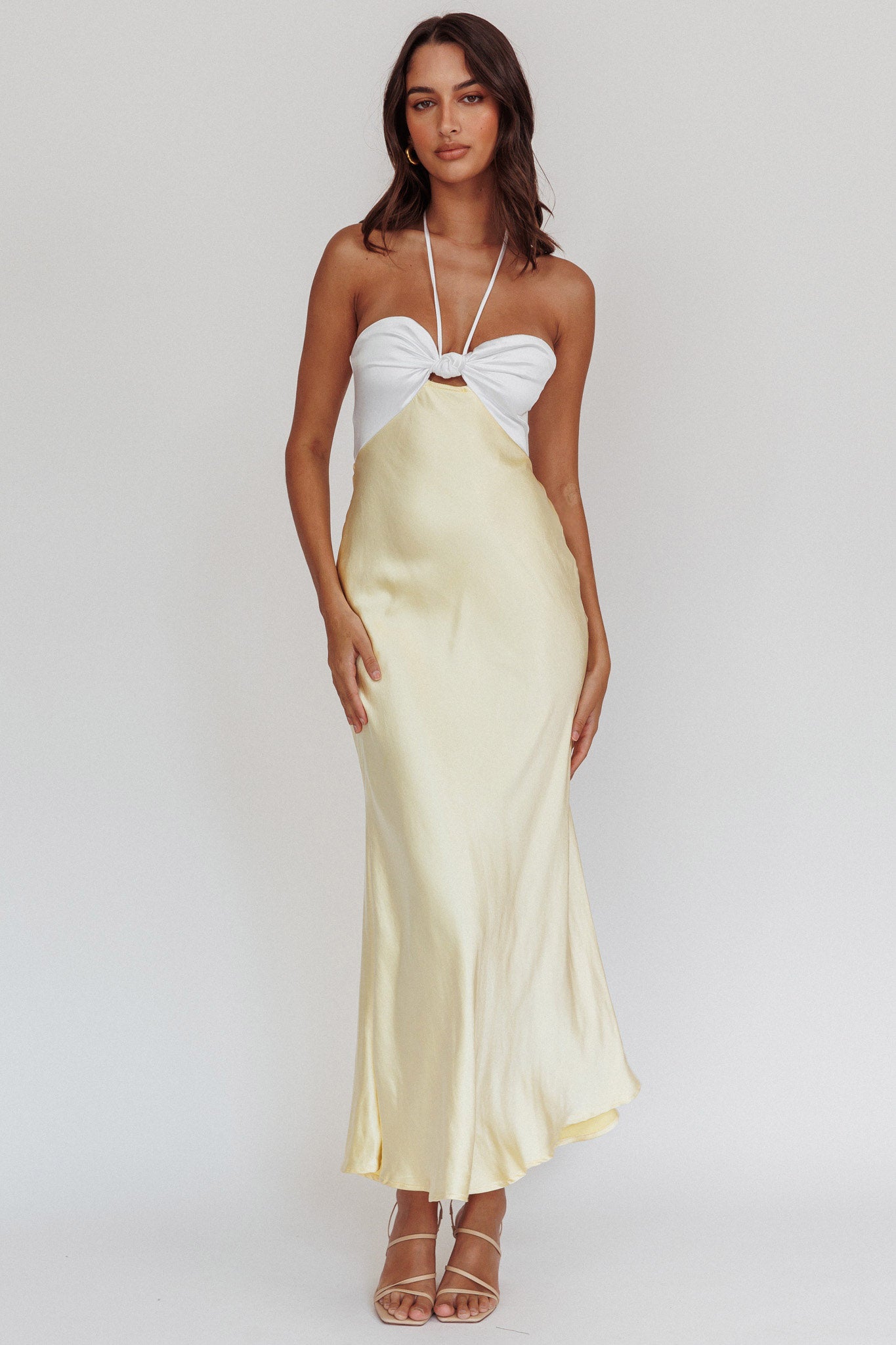 Hassie Knot Bust Halter Midi Dress Yellow-Maymioy