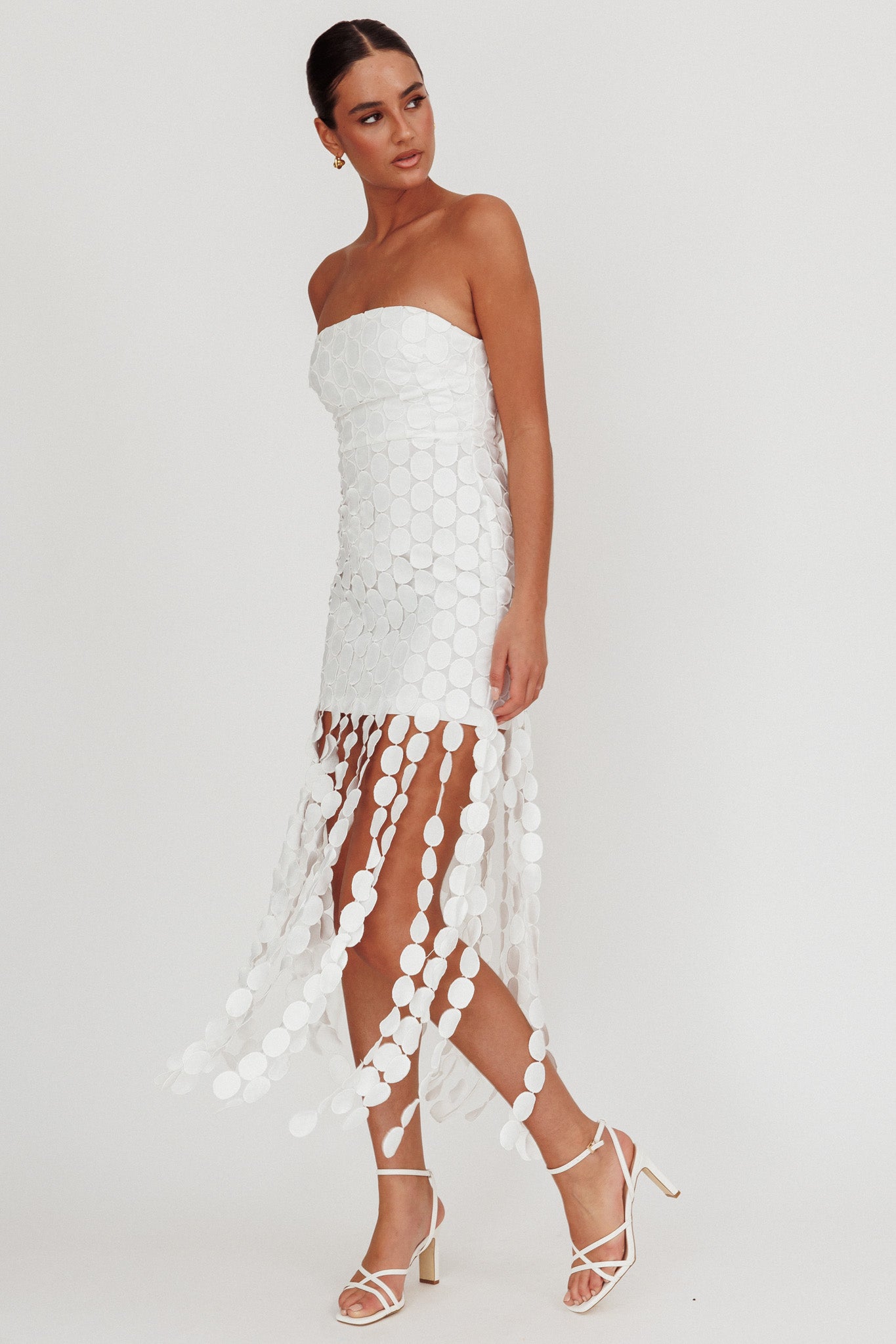 Elio Circle Trim Strapless Mini Dress White-Maymioy