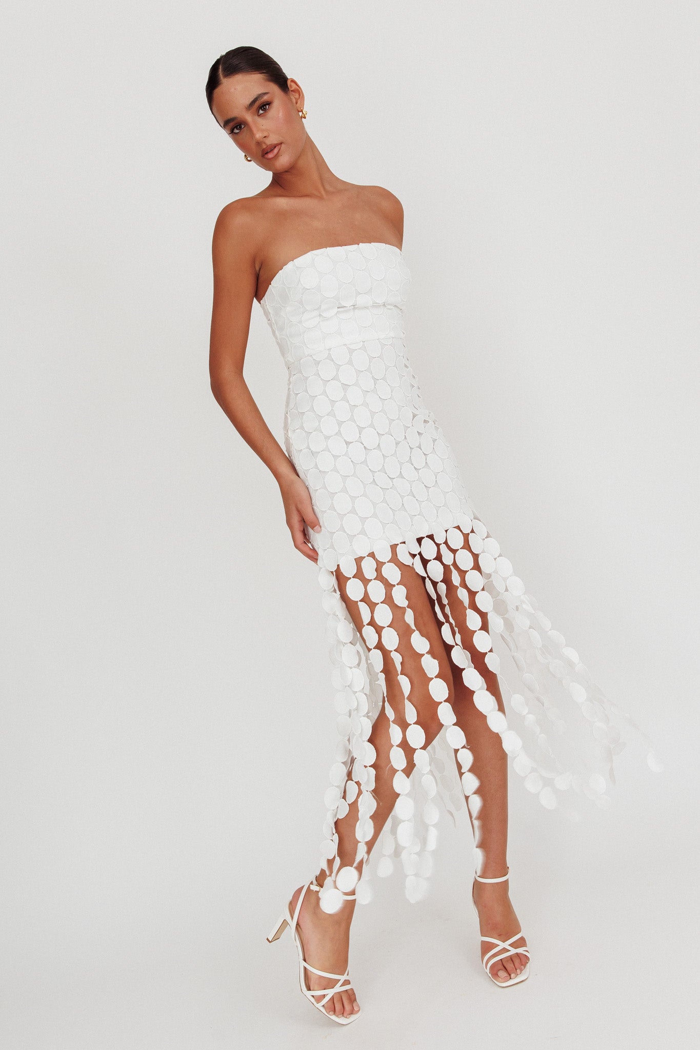 Elio Circle Trim Strapless Mini Dress White-Maymioy