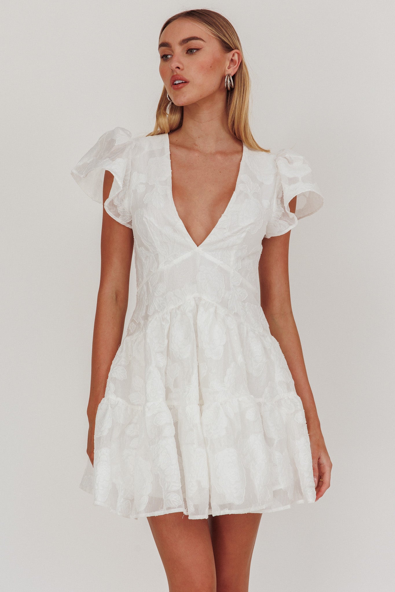 Irenna Ruffle Sleeve V-Neck Mini Dress Textured White-Maymioy