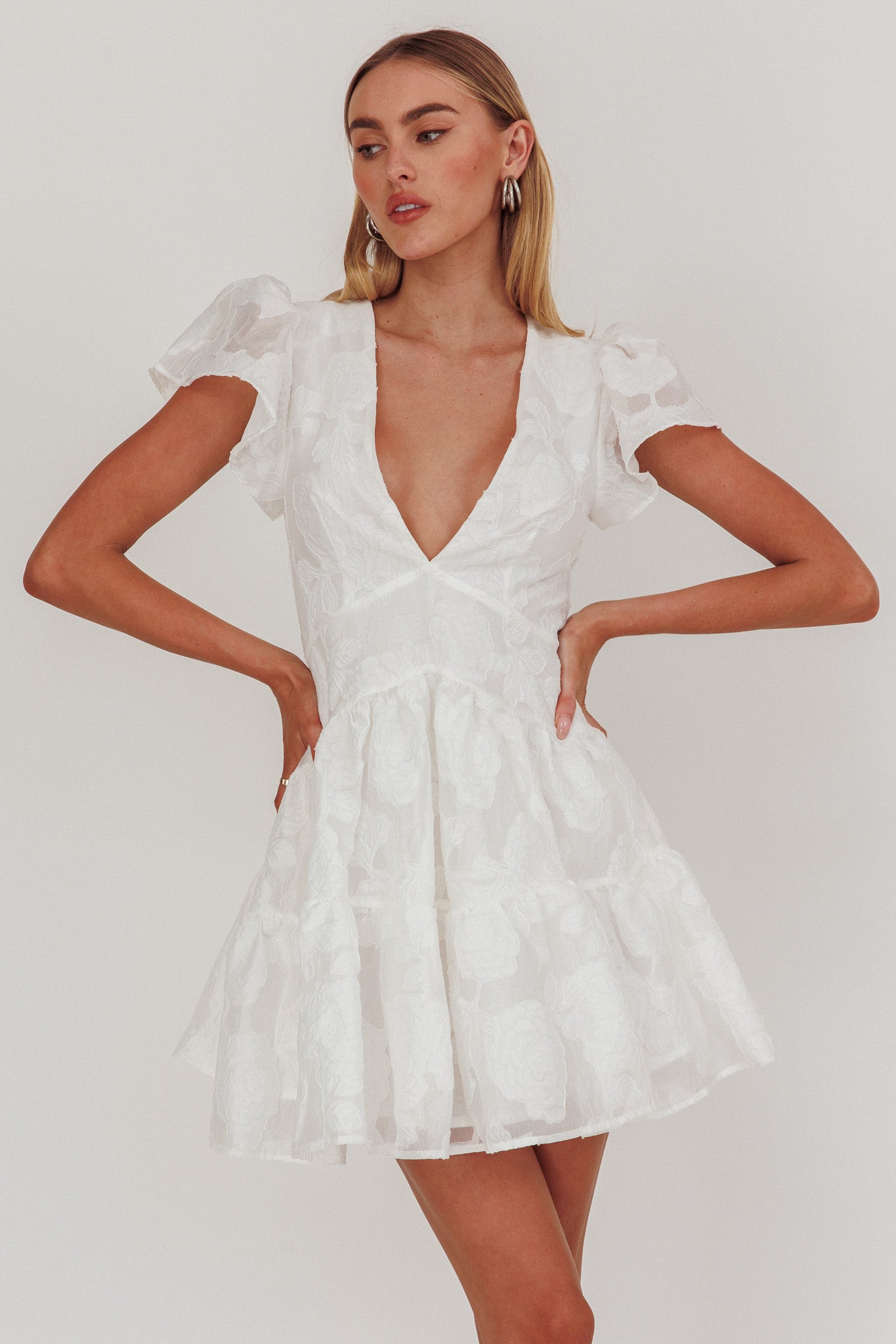 Irenna Ruffle Sleeve V-Neck Mini Dress Textured White-Maymioy