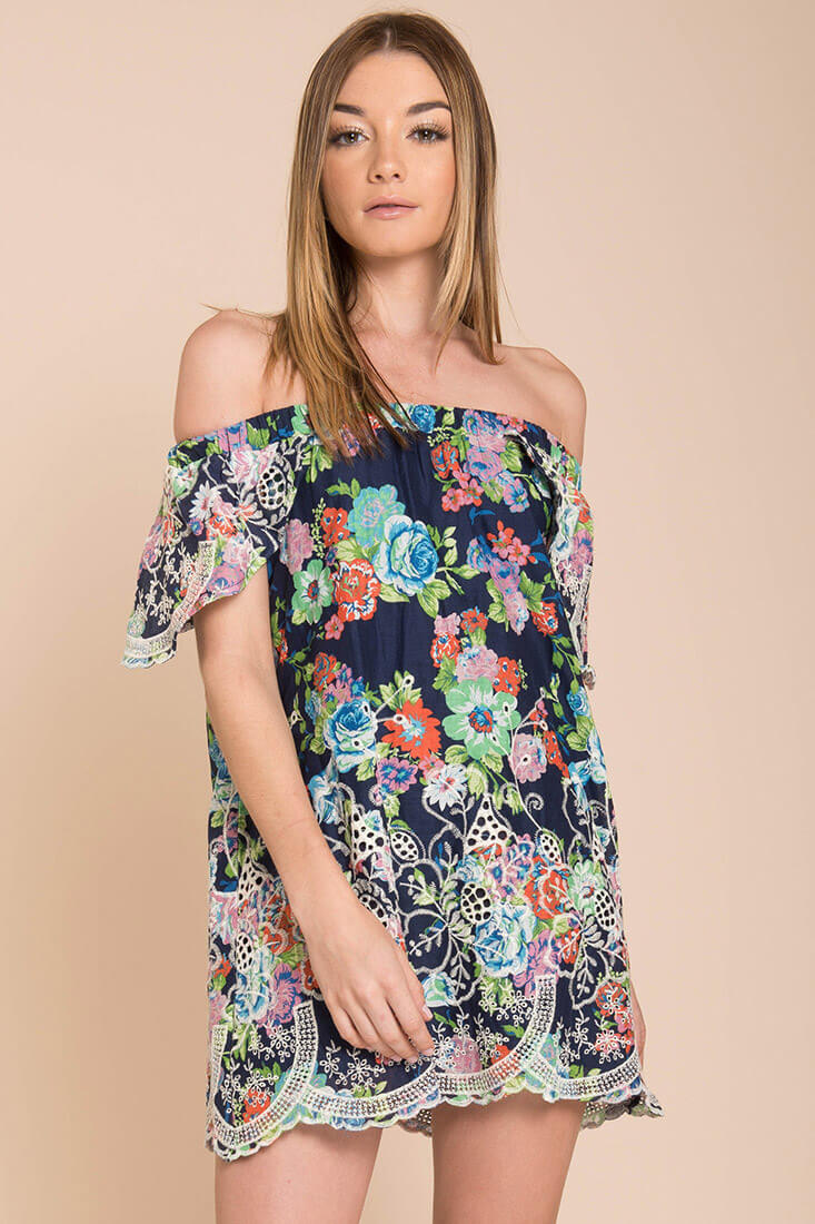 Bryden Open Shoulder Dress Navy-Maymioy