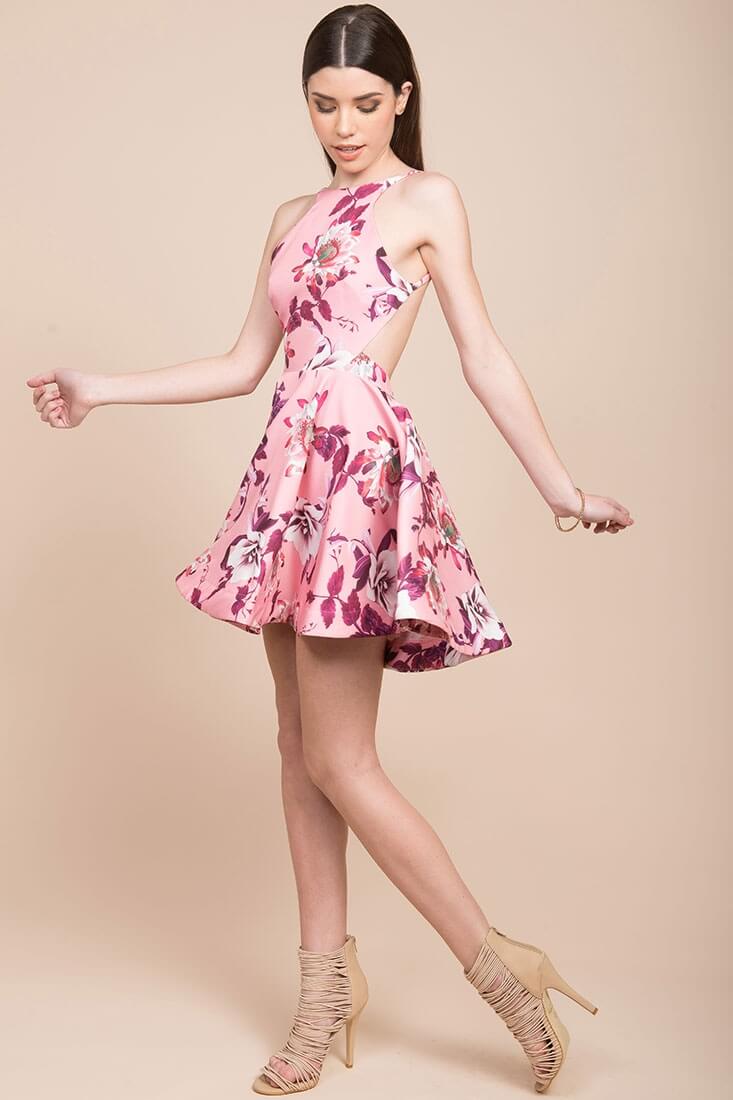 Stella Open Back Fit & Flare Floral Print Dress Pink-Maymioy