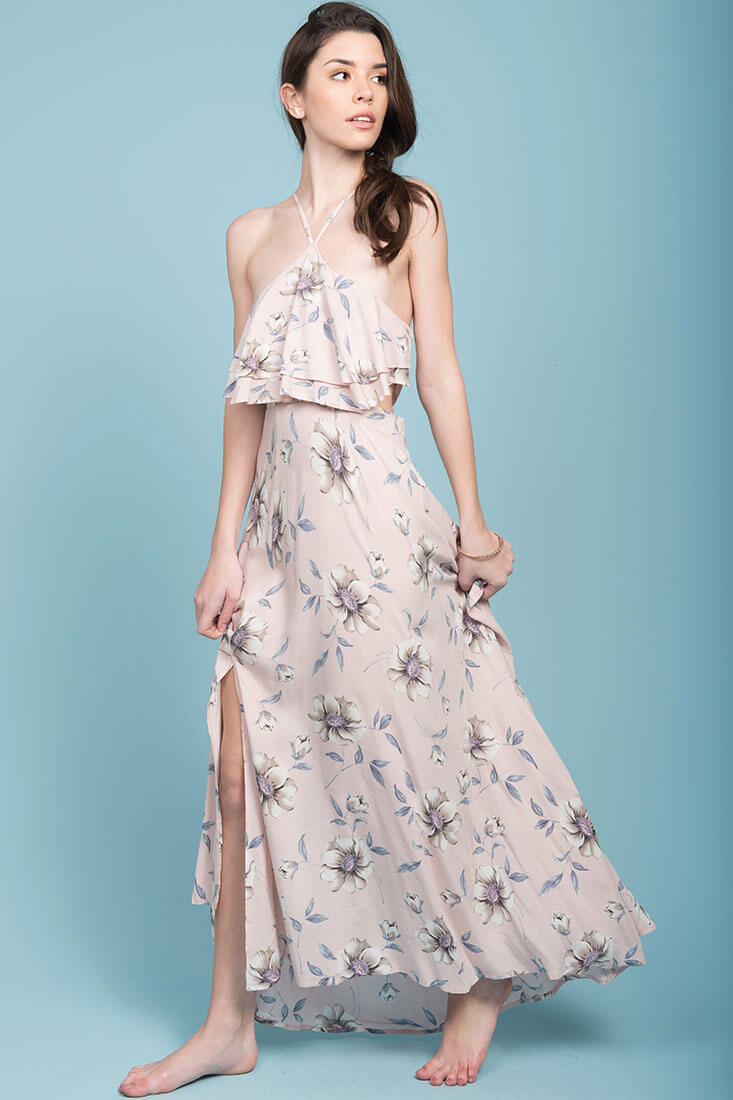 Sunday cutout Maxi Beach Dress Pink Floral-Maymioy
