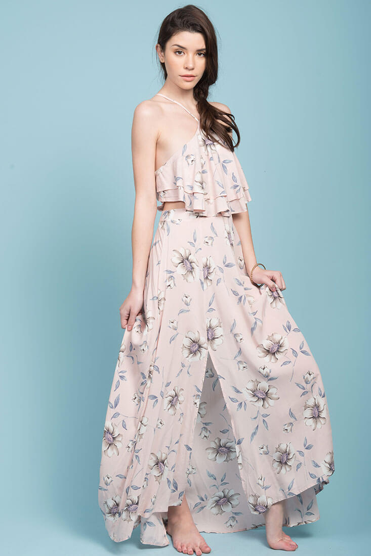 Sunday cutout Maxi Beach Dress Pink Floral-Maymioy