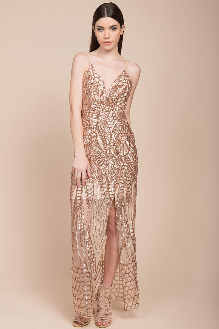 Miya Sequin Gala Dress Rose Gold-Maymioy