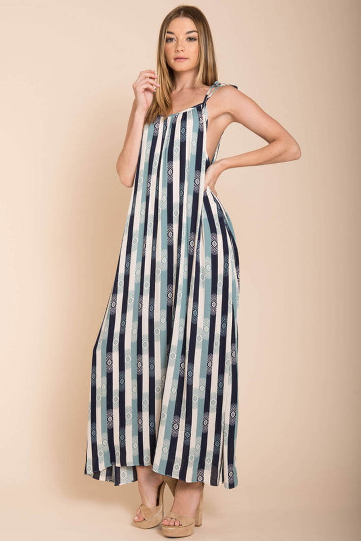 Tristan Stripped Maxi Dress Navy Beige-Maymioy