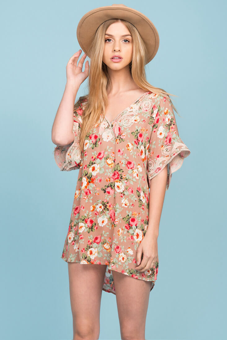 Brynn Floral Embroidered Tunic Dress Mocha-Maymioy