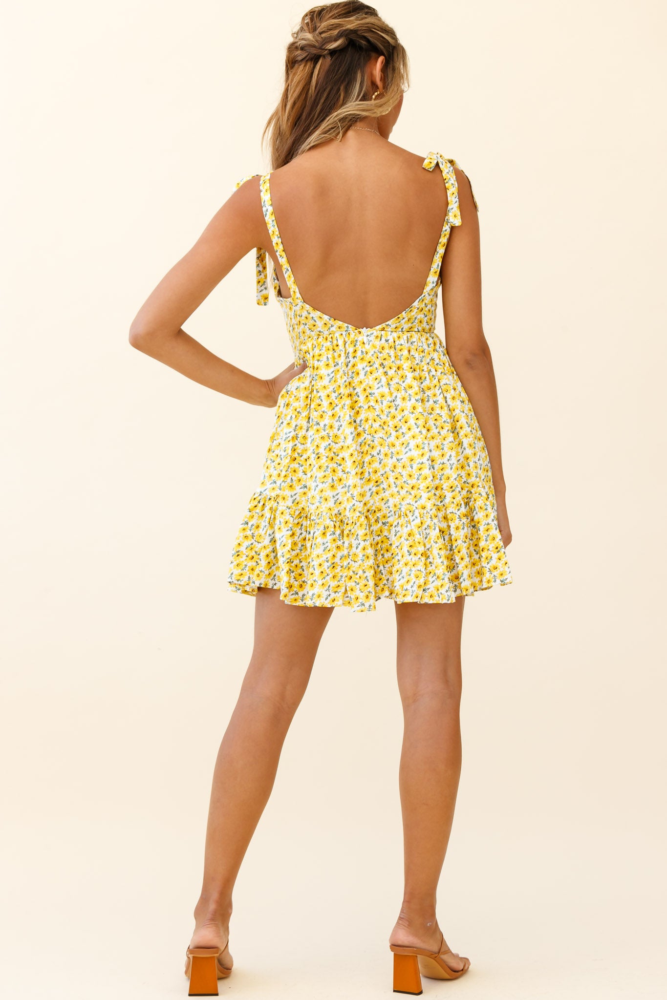 Maven Tied Shoulder Low Back Dress Floral Print Yellow-Maymioy