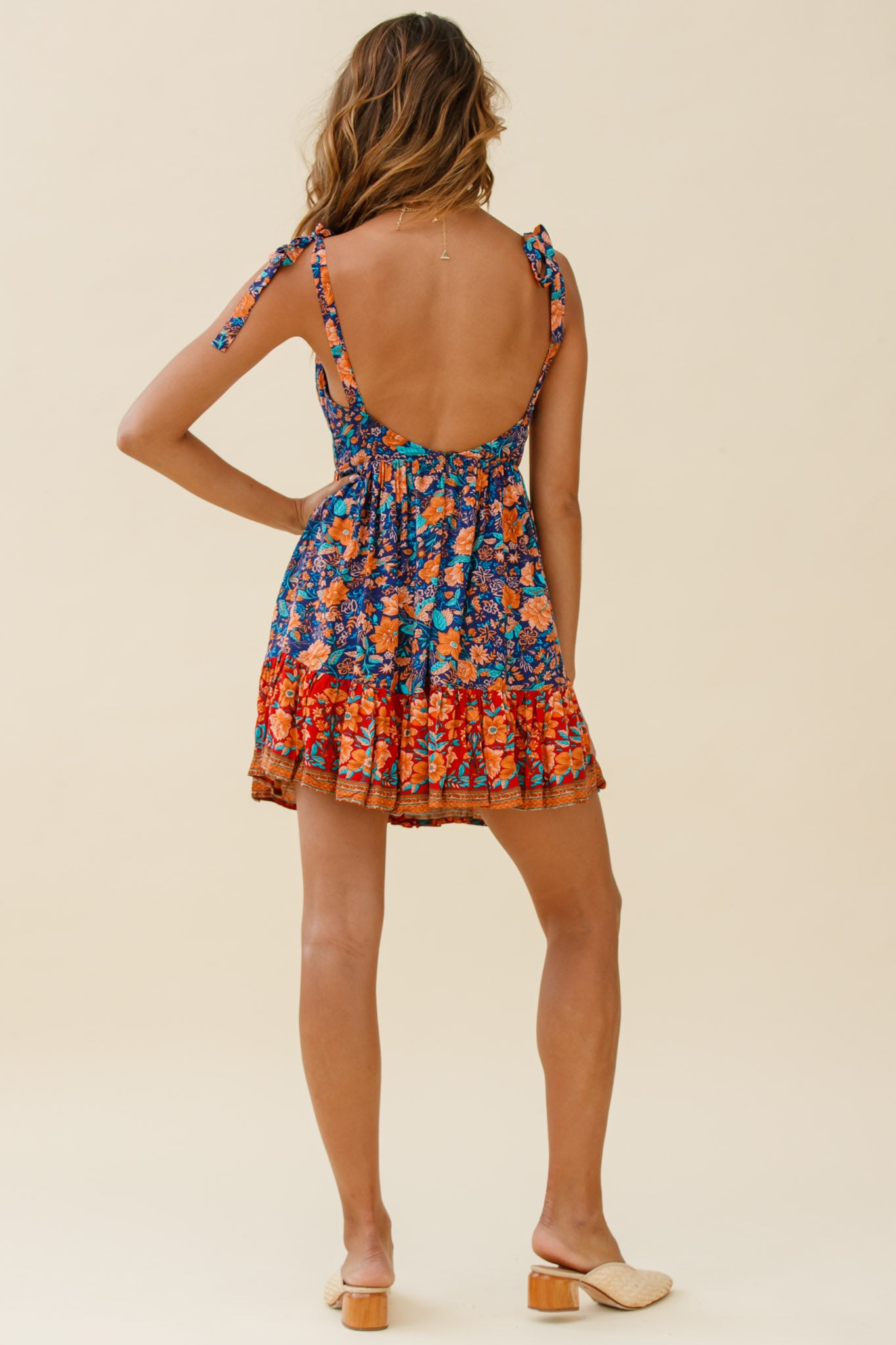 Go Get It Tied Shoulder Sun Dress Floral Print Navy-Maymioy