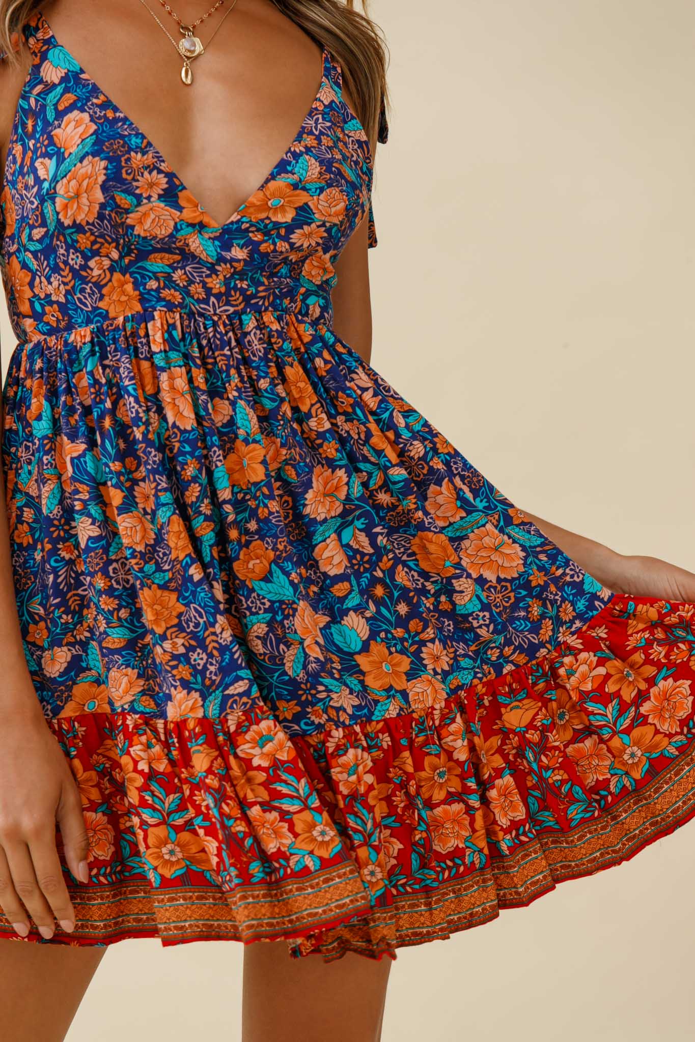 Go Get It Tied Shoulder Sun Dress Floral Print Navy-Maymioy