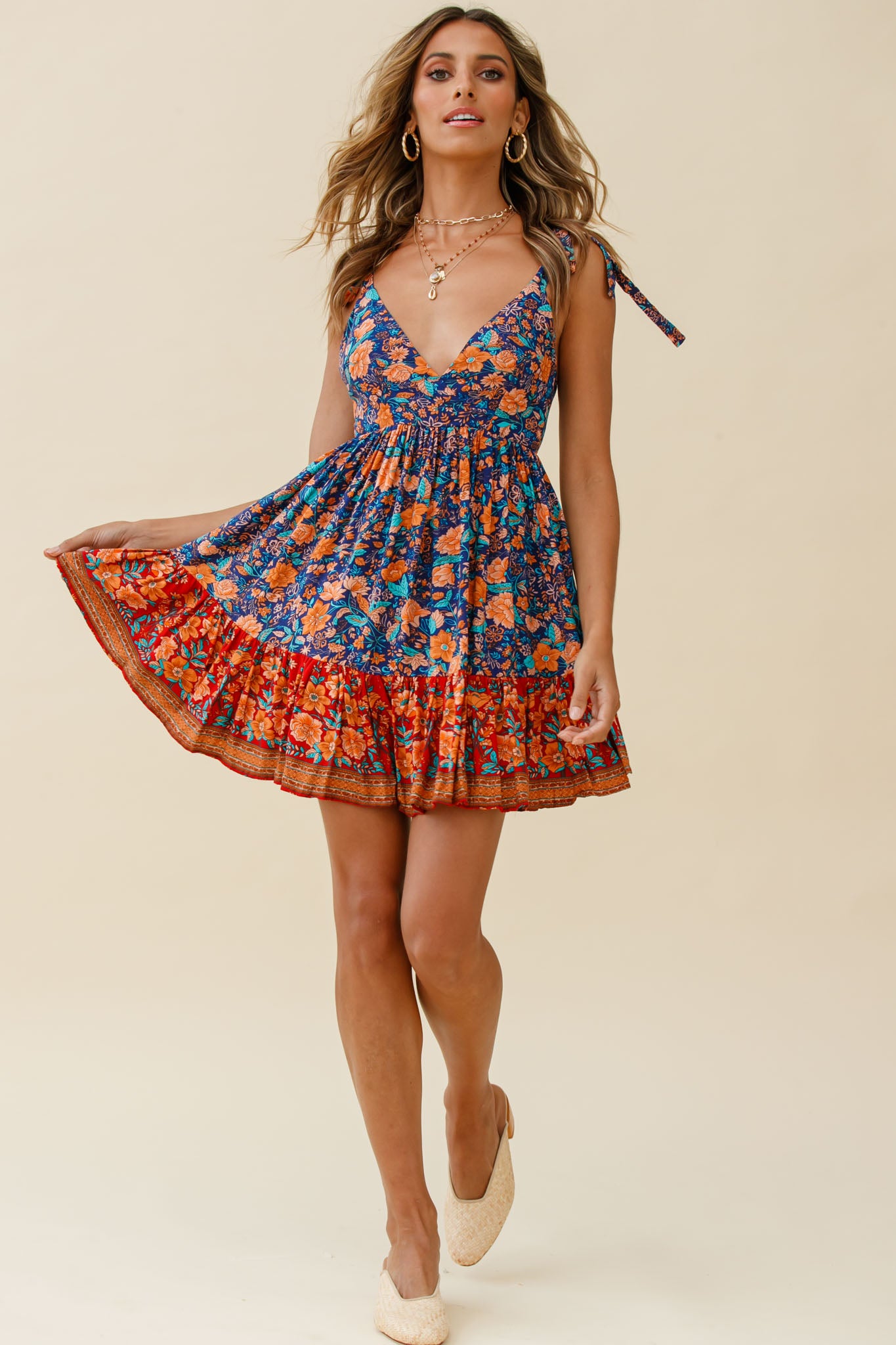 Go Get It Tied Shoulder Sun Dress Floral Print Navy-Maymioy