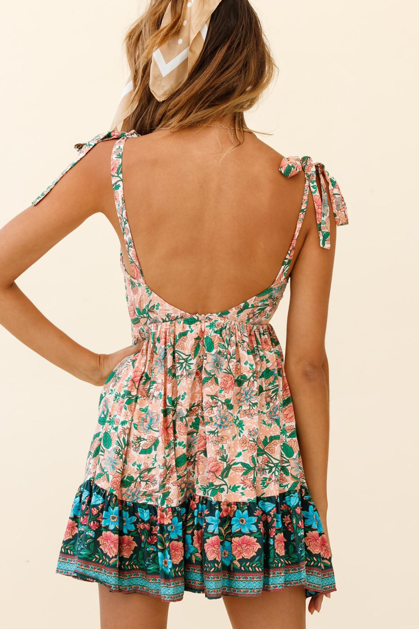 Go Get It Tied Shoulder Sun Dress Floral Print Nude-Maymioy