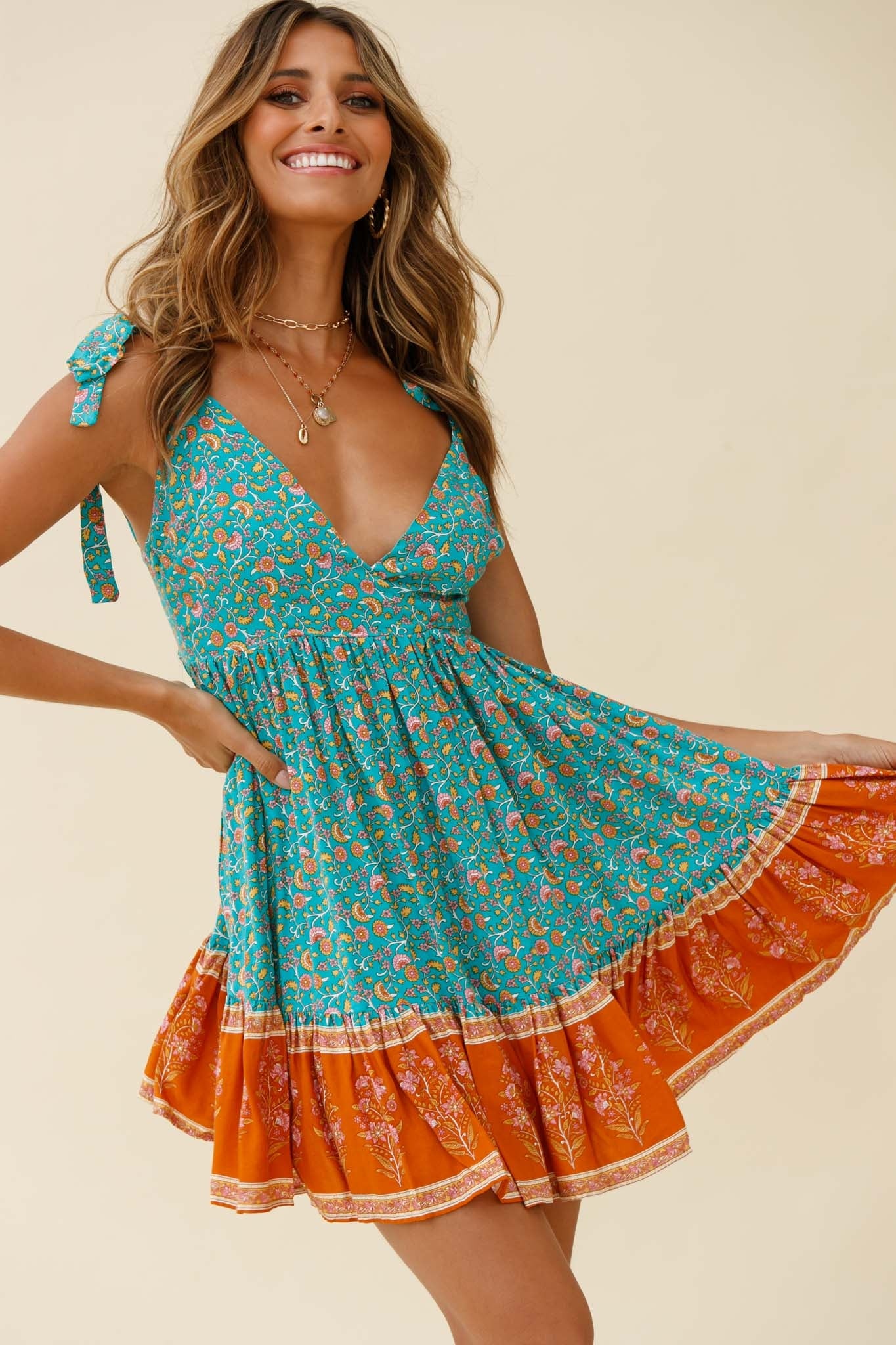 Maven Tied Shoulder Low Back Dress Flower Print Jade-Maymioy