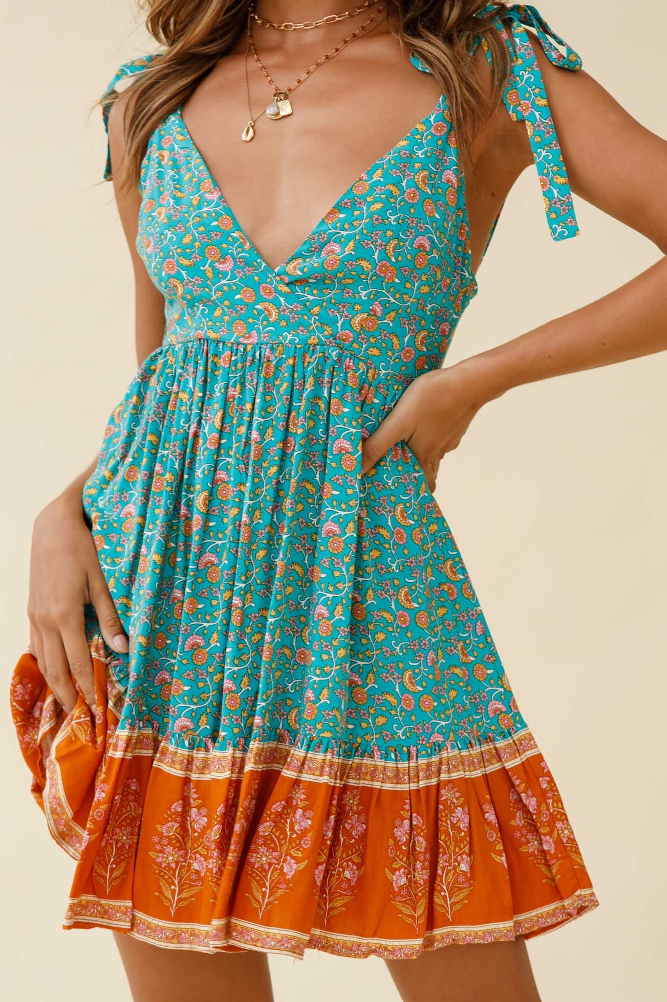 Maven Tied Shoulder Low Back Dress Flower Print Jade-Maymioy