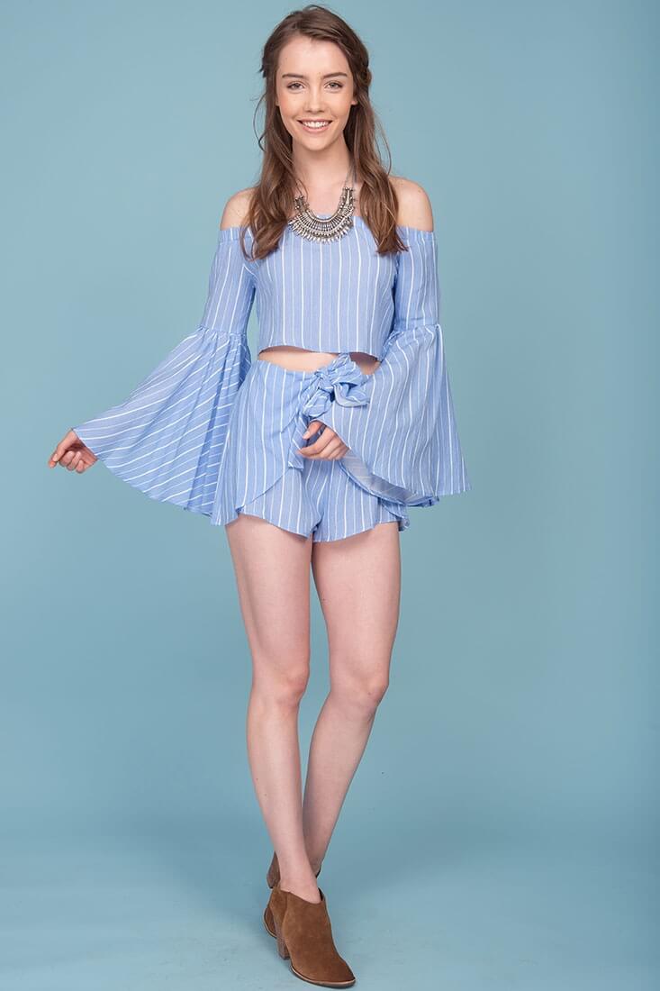 Blaine Tie Waist Pinstripe Shorts Blue-Maymioy