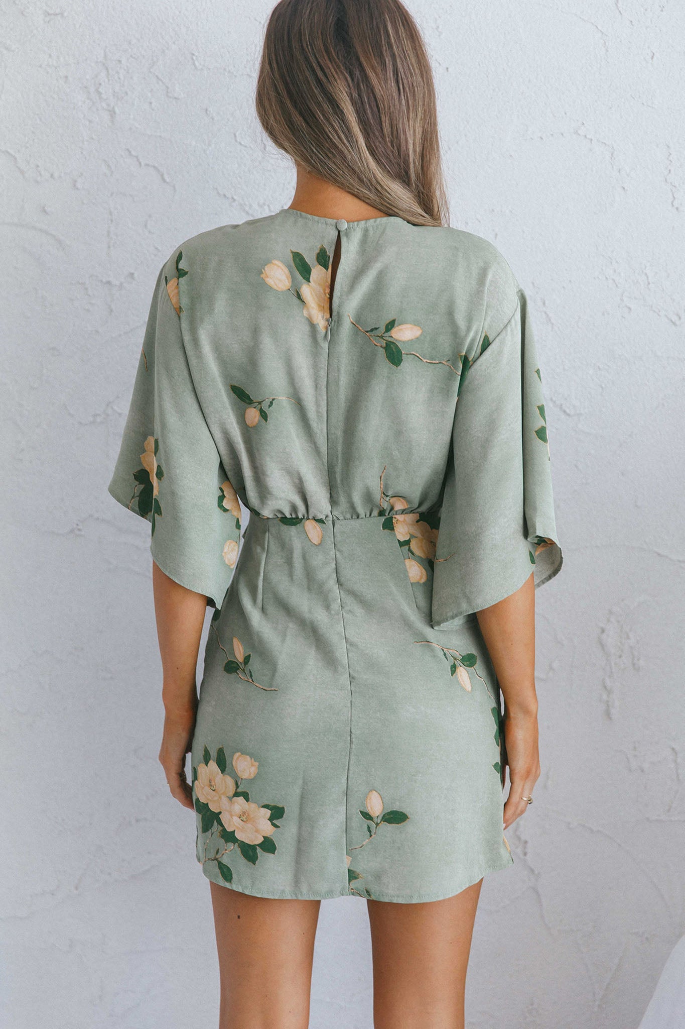Rivera Deep-V Waist-Tie Dress Rose Floral Print Sage-Maymioy