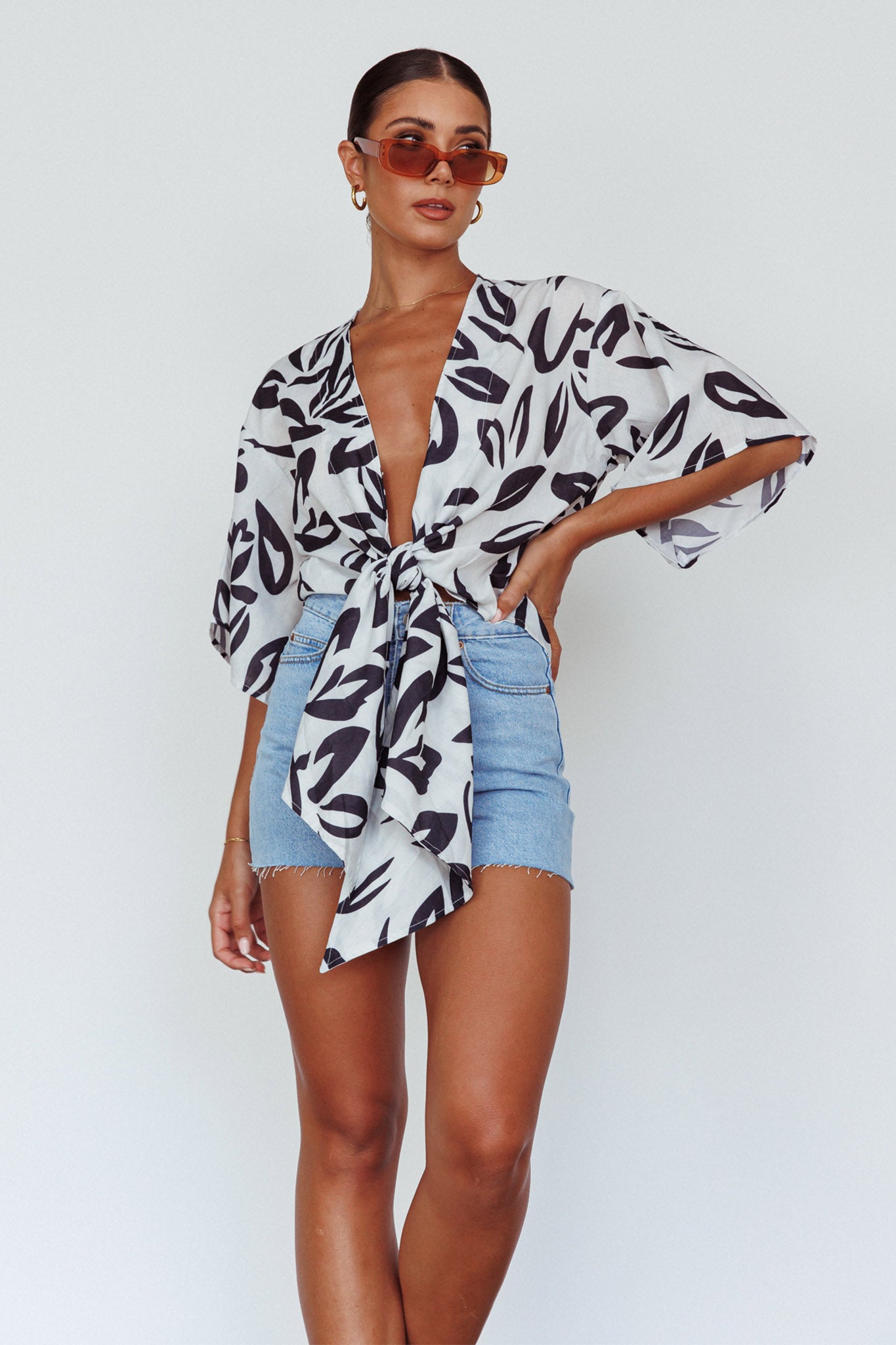 Rivera Deep-V Waist-Tie Top Leaves Black-Maymioy