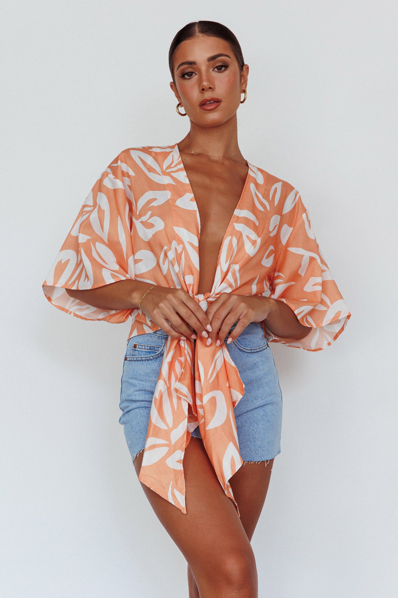 Rivera Deep-V Waist-Tie Top Leaves Mango-Maymioy