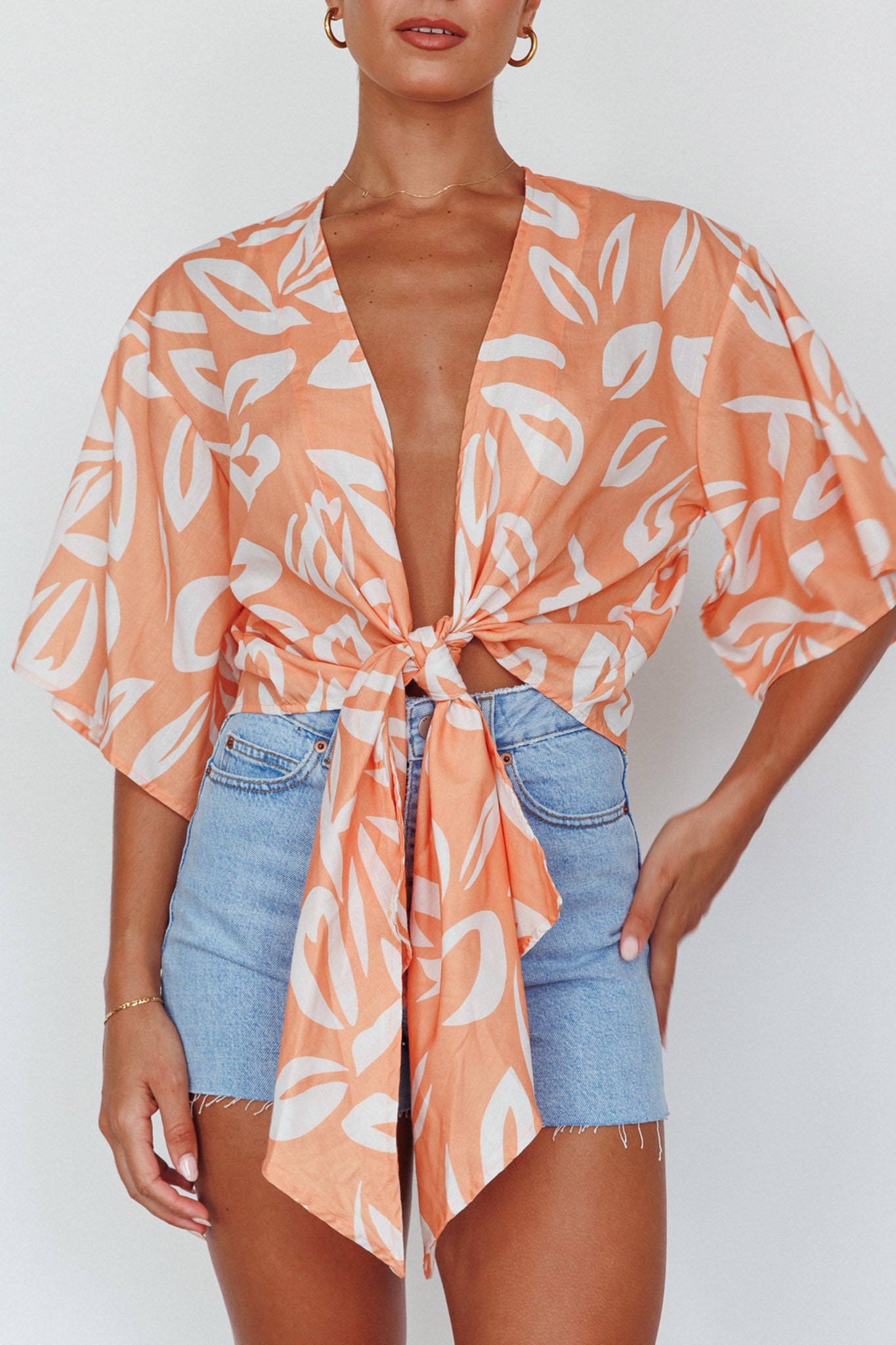 Rivera Deep-V Waist-Tie Top Leaves Mango-Maymioy
